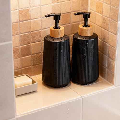 Black Glass Soap Dispenser, Thickened Glass Hand Soap Dispenser for Bathroom, Kitchen Dish Washing Liquid Bottles, Shampoo and Conditioner Bottles, Modern Farmhouse Style, (Black, Set of 1, 12oz)