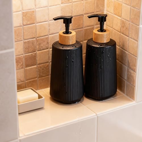 Glass Soap Dispenser, 12oz Modern Farmhouse Style with Bamboo Pump
