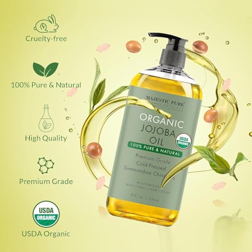 MAJESTIC PURE Organic Jojoba Oil - 100% Pure Cold Pressed Hexane Free for Skin, Hair, Nails - 8 Fl Oz