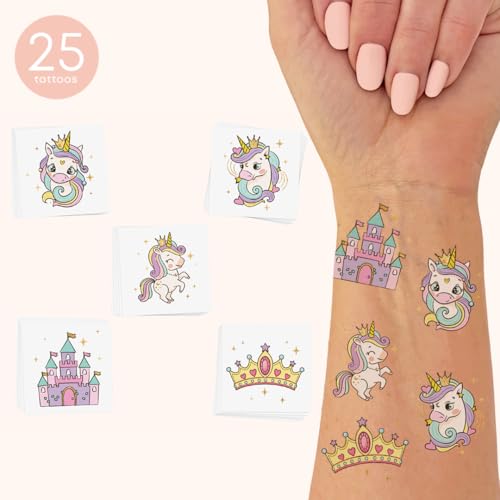 Unicorn Princess Temporary Tattoos - 25 Pack Metallic Flash Tats