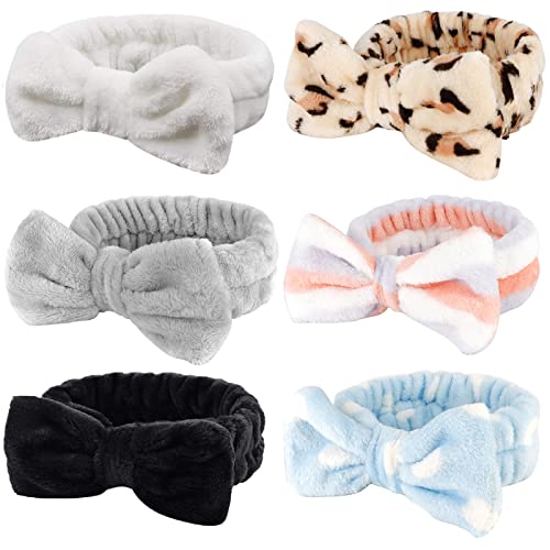 AMCAMI 6 PCS Bow Spa Makeup Headbands for Women Coral Fleece Hairlace Non-Slip SPA Headband for Women Turban Bowknot Headbands for Washing Face