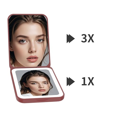 Kintion 1X/3X LED Compact Pocket Mirror - Wine Red with Lighting