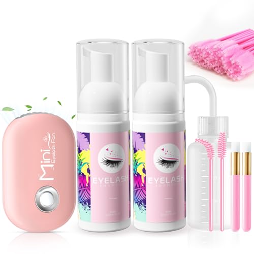 Buqikma Lash Cleaning Kit with Fan Dryer, 2PCS Lash Shampoo for Extensions Includes Rinse Bottle and Cleaning Brushes for Lashes Extension Cleaner at Salon & Home DIY Use for Valentine's Day