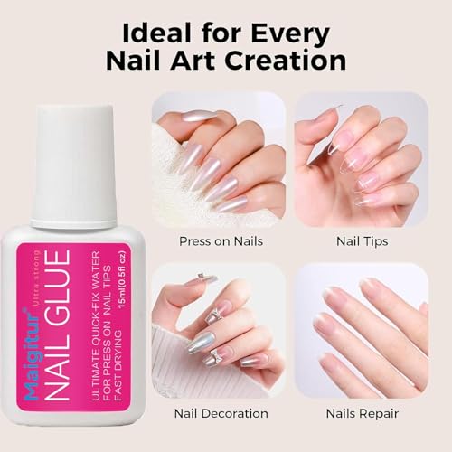 Maigitur 30ML Strong Nail Glue for Press-On & Acrylic Nails, Quick Dry, Long Lasting, No UV Light Needed (Nail Bond Brush)