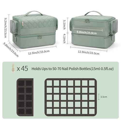 OCHEAL Nail Polish Organizer, Holds Nail Lamp and 45+ Bottles 2-in-1 Nail Polish Storage Case,Detachable Nail Techs Gel Kit Supplies Carring Bag for Manicurist Tools 45-Slot Nail Holder-Green
