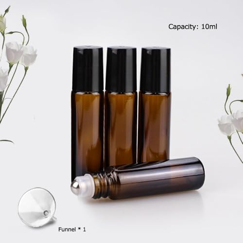 Amber Glass Roller Bottles for Essential Oils - 4 Pack, 10ml, UV Protection, Sungwoo