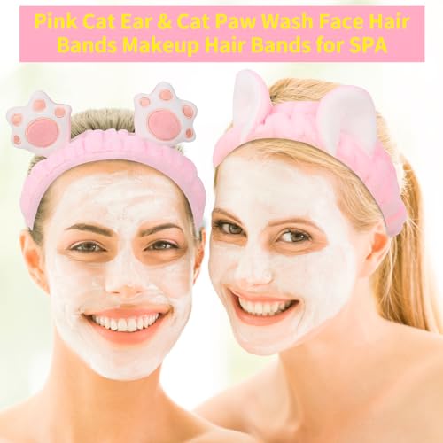 NENMATTE Cat Ears Spa Headband Plush Cat Paw Makeup Headband for Women Girl,Fluffy Wash Face Hair Bands Cartoon Cute Headbands 2 Pcs Microfiber Soft Coral Fleece Skincare Hair Bands…