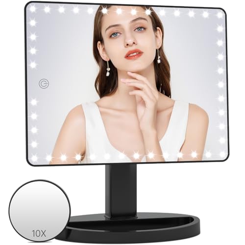 FUNTOUCH Black Large Lighted Makeup Mirror with Lights, 14.56 Inch, Dimmable & 10X Magnification (Variation D)
