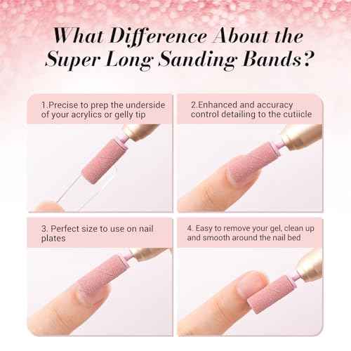 MelodySusie 50 Pcs Nail Drill Bits Super Long Sanding Bands with 6.65mm Crystal Mandrel Bit, 180 Fine Grit Nail File for Acrylic Nails Gel Manicures and Pedicure, Pink