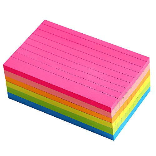 Lined Sticky Notes 3X5 in Bright Ruled Post Stickies Colorful Super Sticking Power Memo Pads Its Strong Adhesive, 6 Pads/Pack, 75 Sheets/pad