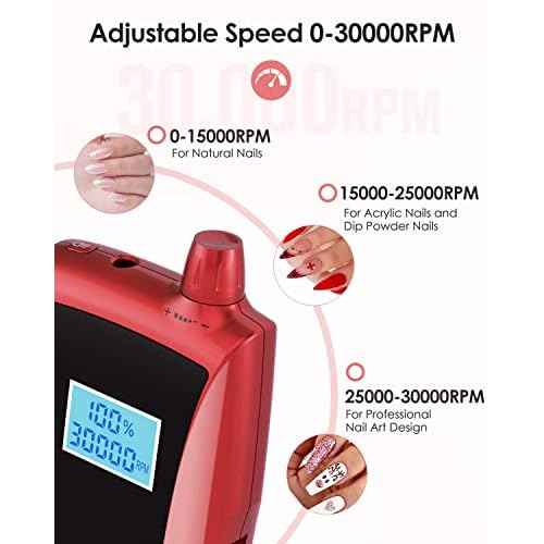 Beloving Portable Nail Drill Machine,30000RPM Rechargeable Electric Nail File Professional with Speed Display,Sanding Bands and Bits,Efile for Acrylic Dip Gel Nails Manicure Pedicure Home Salon Use