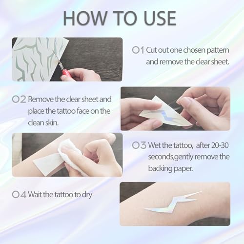 Iridescent Temporary Tattoos 60 Pcs - Metallic Shine Korean Idol Waterproof Body Art Stickers for Party Decorations or Halloween Demon Cosplay, Flexible Gothic Line Designs for Arms Neck & Face