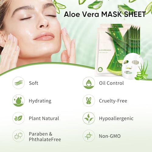 Aloe Vera Face Masks Sheet for Women,Moisturizes Facial Masks Oil Control,Hydrates, Soothes,Home Spa Facial Sheet Mask For All The Skin£¨12Pack£©