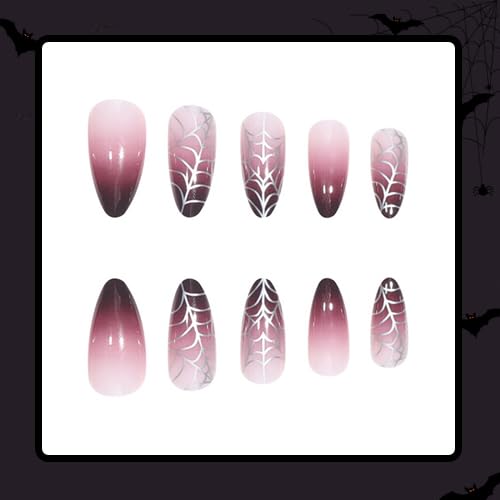 DOCVOEOMH Halloween Press on Nails Almond Short Medium Fake Glue ons Nails with Ombre Red Black Design Almond Shape Full Cover Artificial False Stick on Acrylic Nail for Women 24PCS