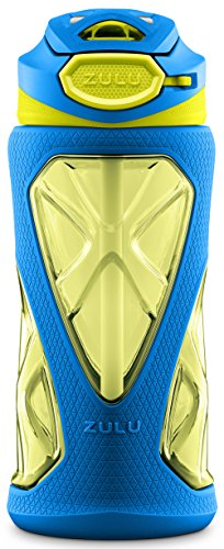 Zulu Torque 16oz Plastic Kids Water Bottle with Silicone Sleeve and Leak-Proof Locking Flip Lid and Soft Touch Carry Loop for School Backpack, Lunchbox, Outdoor Sports, BPA-Free Dishwasher Safe, Gray, Blue