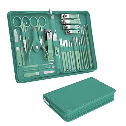 Manicure Set Personal Care, Nail Clipper Kit, Professional Nail Clipper Pedicure Set, Nail Tools with Luxurious Travel Case, Gifts for Men Women Family Friend, 31 Pieces (Green)