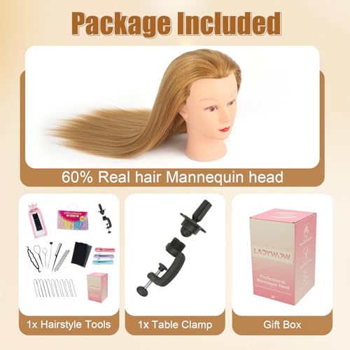 80% Human Hair Mannequin Head 28 inch with Table Clamp Stand