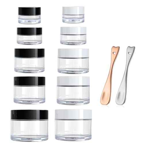 10 Pieces Travel Size Containers for Toiletries - 5 Sizes 0.17/0.33/0.5/0.67/1 OZ Small Makeup Jars with Lids - Travel Skincare Set with 2 PCS Mini Spatulas for Gift (2 Colors)