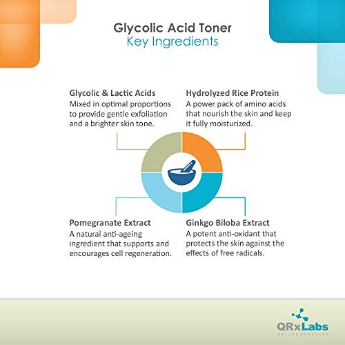 Glycolic Acid Toner - Professional Exfoliating Anti-Aging Toning Solution for Face with 10% AHA, Witch Hazel, Hydrolyzed Rice Protein and Pomegranate & Ginkgo Biloba Extracts - 1 Bottle of 6 fl oz