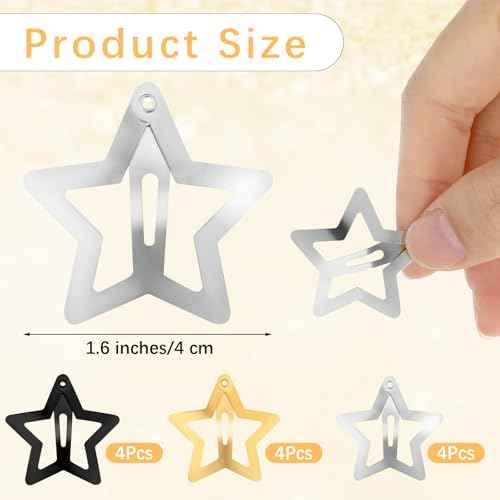 12PCS Metal Star Snap Hair Clips, 1.6 Inches for Kids Girls and Women, Silver/Gold/Black Barrettes, Non Slip 2000s Y2K Cute Hair Accessories