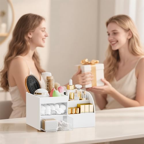 Makeup Organizer with 2 Drawers & 5 Compartments - White