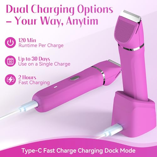Bikini Trimmer for Women 5-in-1 Electric Razors IPX7 Waterproof Shaver Ceramic Blade Painless Pubic & Facial Hair Remover (Hot Pink)