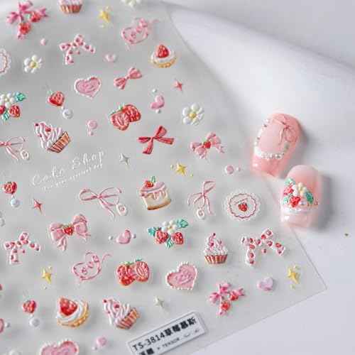 5D Embossed Pink Nail Stickers for Nail Art Cake Strawberry Bow Nail Art Stickers Nail Decals Self Adhesive Cute Nails Design Manicure Supplies Charm for Women Nails Decorations