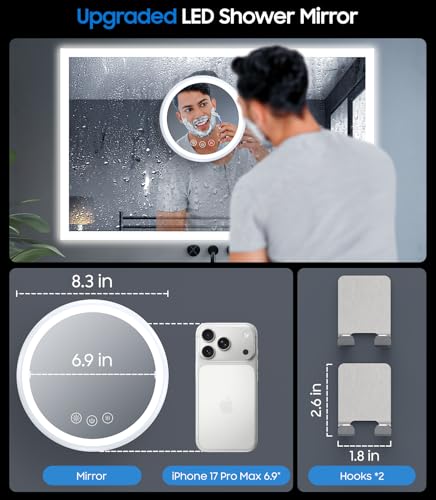 Gospire Heated Fogless Shower Mirror - 8.3" Anti-Fog with 360° Rotation & Rechargeable Battery