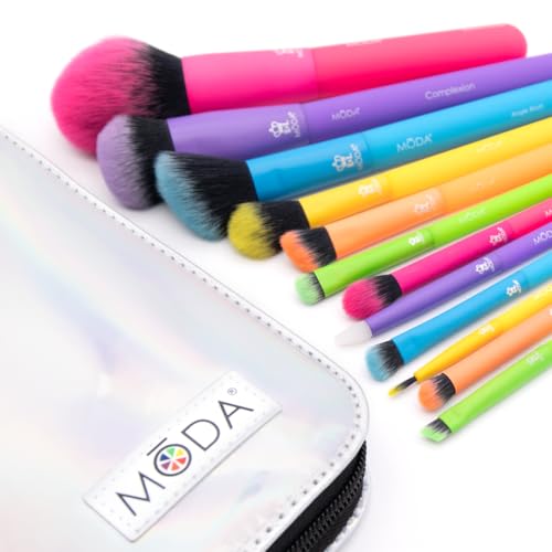Moda Totally Electric 13pc Full Face Makeup Brush Set ? Bold, Colorful, Vegan Brushes for Face & Eye Makeup, Blending, Contouring, and More