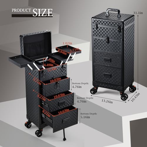 Rolling Makeup Case with 3 Drawers & Foot Stand for Artists
