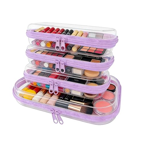4Pcs/3S+1M Clear Hard Shell Zippered Travel Case ? Plastic Organizer Pouch for Toiletries, Cosmetic Bag, Diaper Bag & Packing Accessories (Purple, Set B)