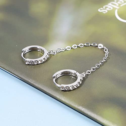 Boho Double Chain Hoop Earrings Silver Cz Hoop Chain Earrings Punk Dangle Chain Earrings Rhinestone Huggies Earrings Jewelry for Women Gifts (Silver)