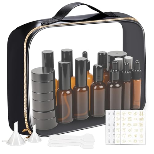 29 Pack TSA Approved Glass Travel Skincare Containers,Toiletry Bag£¬1.7/1/0.7/0.5/0.3oz Refillable Traveling Size Containers with Pump, Jars & Essential Oil Bottle , Leak-Proof for Creams & Liquids