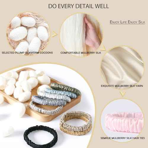 22 Momme 100% Pure Mulberry Silk Scrunchies (4 PCS) - Small Hair Elastics and Ties for Women, Sleep Hair Care, No Damage, Apricot