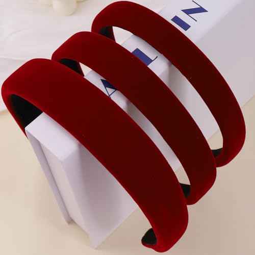 AUDTOPE 3Pcs Headbands for Women, Red Velvet Head Bands for Women's Hair Solid Soft Plain Hairband No Teeth Head Bands Cute Hair Accessories for Women