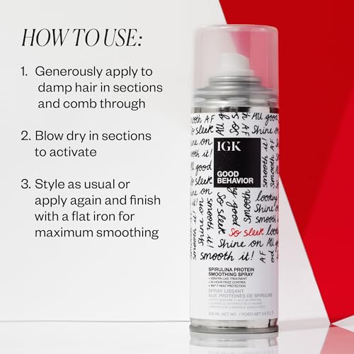 IGK GOOD BEHAVIOR Spirulina Protein Smoothing Spray | Frizz Control + Heat Protectant | Vegan + Cruelty Free | 5.6 Oz