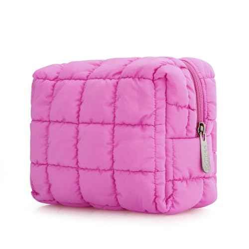 E-Tree Cute Makeup Bag,Quilted Cosmetic Bag,Make up Pouch for Purse,Toiletry Zipper Pouch,Checkered Bag,Travel Case,Storage Pouches for Organization (Hot Pink)