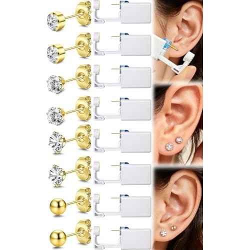 24 Pcs Ear Piercing Kit Disposable Ear Piercing Gun Kit 8 Pcs Self Piercing Gun with Cubic Zirconia Earrings Stud 4 Prong / 6 Prong Setting 3mm Diameter Ball Ear Stud Ear Piercer Kit Tool Gold