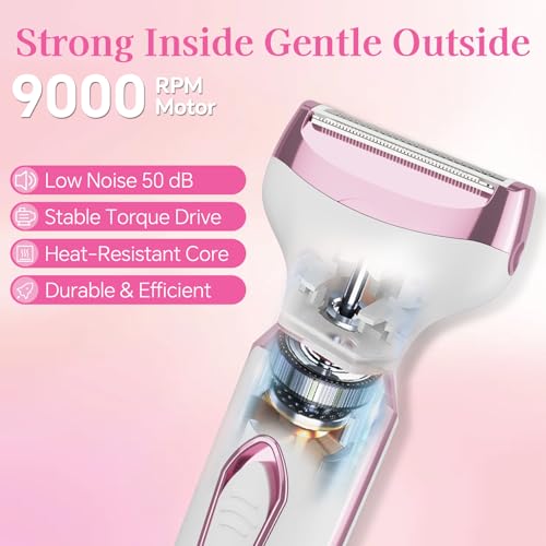 Women's Electric Shaver 4-in-1 - Waterproof Painless Hair Remover for Bikini, Face & Body, Cordless Wet/Dry Trimmer with Nose & Eyebrow Heads, Fast USB-C Charging, Gift for Women