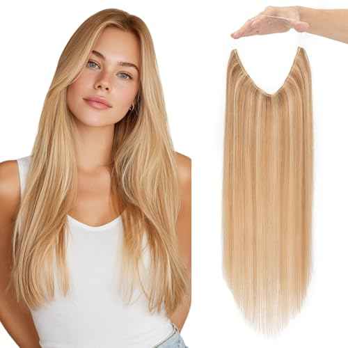 Halo Hair Extensions Real Human Hair Invisible Wire Extensions with Transparent Fish Line Adjustable Size Golden Brown & Bleach Blonde 16 inch