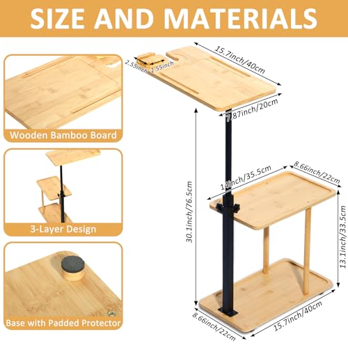 3-Tier Bamboo Bath Tray Table with Adjustable Height & Rotating Shelf