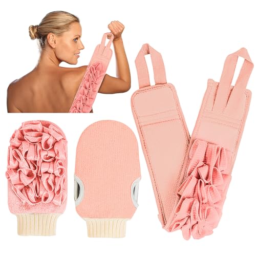 Deep Exfoliating Glove for Shower Double-Sided Mitt, with Extra Long Exfoliating Washcloth - Extreme Body & Back Scrubber for Shower, Massage Scrub Exfoliator & Bath Loofah Sponge (2-Pink)