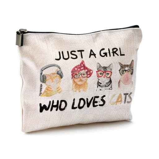 QGFM Cat Makeup Bag,Funny Cat Gifts Makeup Bag With Zipper,Cats Gifts for Women,Just A Girl Who Loves Cats Cosmetic Bag