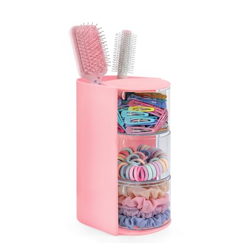 neotidy Hair Accessories Organizer with Hair Brush Holder, Rotating Hair Tie Product Organizer for Girls, 3-Tier Makeup Brush Holder for Clips, Bows & Brushes (Pink, 3-Tier)