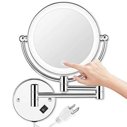 Wall Mounted Lighted Makeup Mirror, 8 Inch Double-Sided 1X 5X Magnifying Mirror for Bathroom, 11'' Extendable Arm, 360¡Æ Swivel, Touch DimmableLED Lights, Powered by Plug in, Chrome