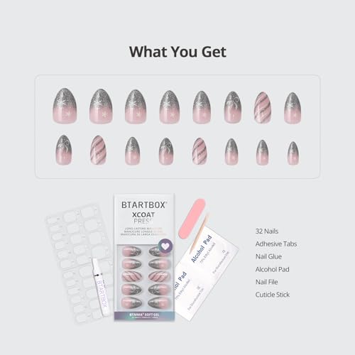 BTArtbox Sparkle Bow C1 Press On Nails Short Almond French Tip Kit 32 Pcs