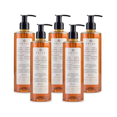 Prija Vitalizing 2 in 1 Shower Gel and Shampoo with Ginseng Extract, Hydrating and Energizing Hair and Body Wash Gel with Pump Dispenser, Luxurious Shower Gel 5 x 12.85 Fl. Oz