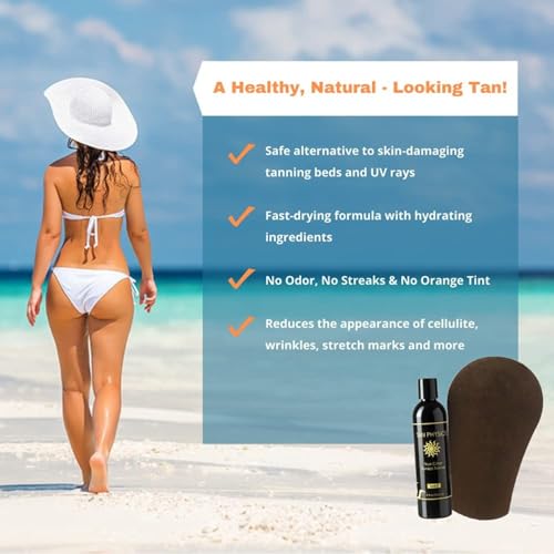 Tan Physics Sunless Tanner 8oz with Tanning Mitt & Exfoliation Gloves ? Self Tanning Lotion for Face & Body ? Instant, Streak-Free Application for a Natural, Long-Lasting Glow