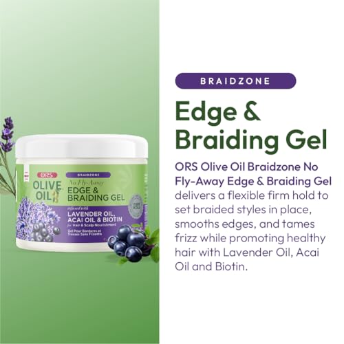 ORS Olive Oil Braidzone Edge & Braiding Gel with Lavender, Acai & Biotin for Hair & Scalp 8 oz