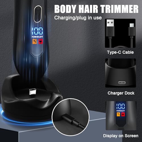 Men's Electric Body & Ball Hair Trimmer, 4-in-1 Ceramic Blade, Waterproof, Type C Charging, Black